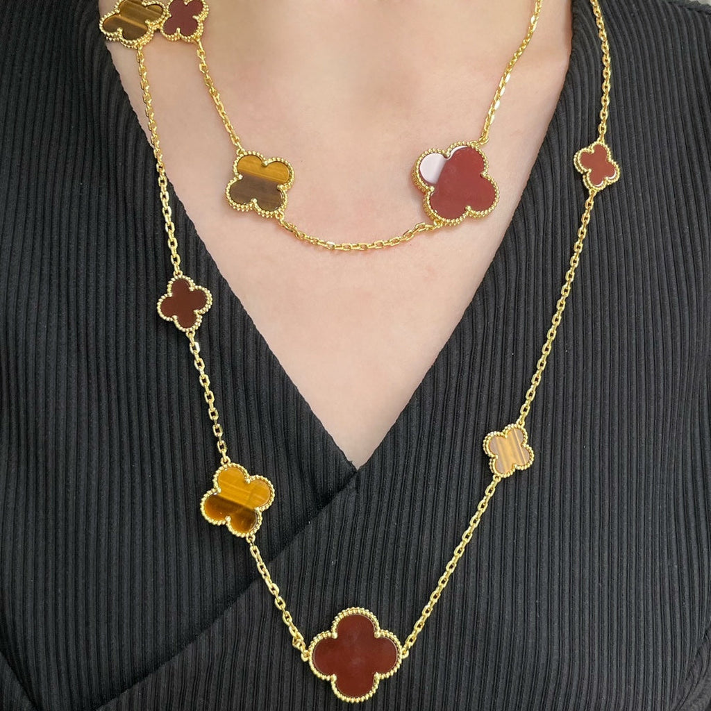 ¡®Lumi¡¯CLOVER 16 MOTIF CARNELIAN TIGER EYE ROSE GOLD NECKLACE