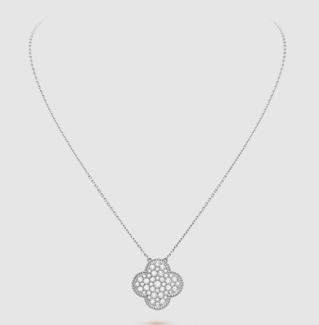 ¡®Lumi¡¯CLOVER 25MM LARGE PENDANT DIAMOND PAVED SILVER NECKLACE